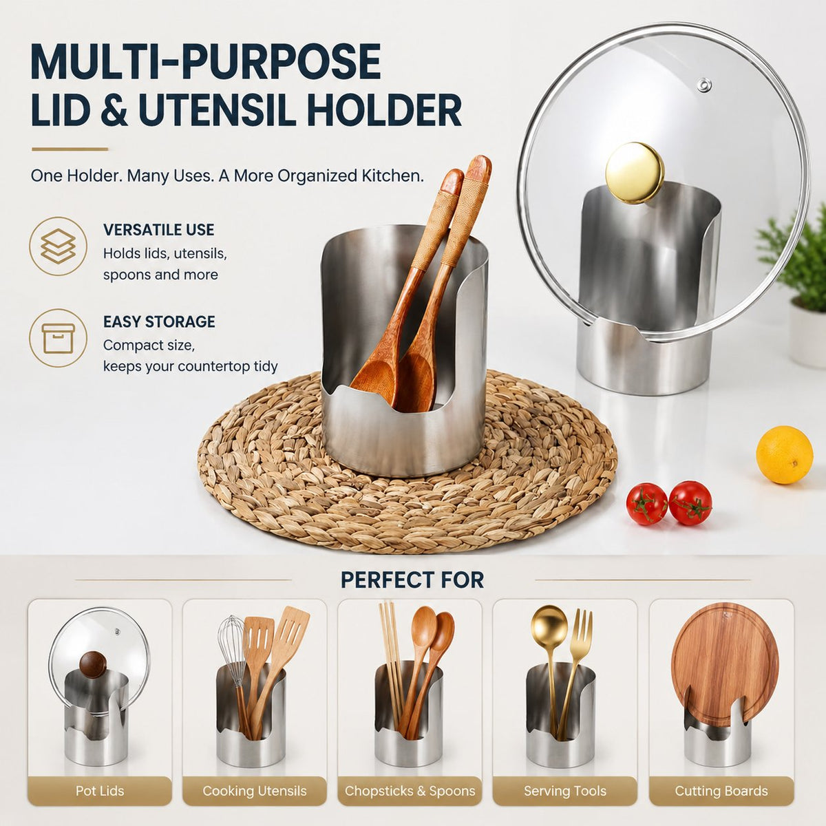 🥳2026 HOT SALE🥳💞50K+ SOLD!🍳🧑‍🍳 ! Multi-Functional Kitchen Utensil Holder – Holds pot lids, spatulas & cutting boards. Thickened stainless steel, space‐saving. 🛡️✨