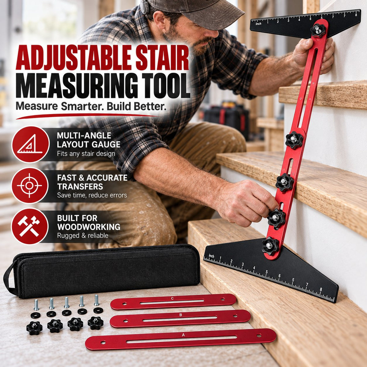 🔨Adjustable Stair Measuring Tool – Multi-Angle Layout Gauge for Woodworking & Renovation📐