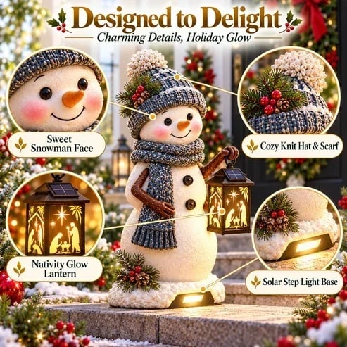 ⛄✨ Solar-Schneemann mit leuchtender Krippenlaterne – Weihnachtliche Deko für Haustür & Eingangsbereich