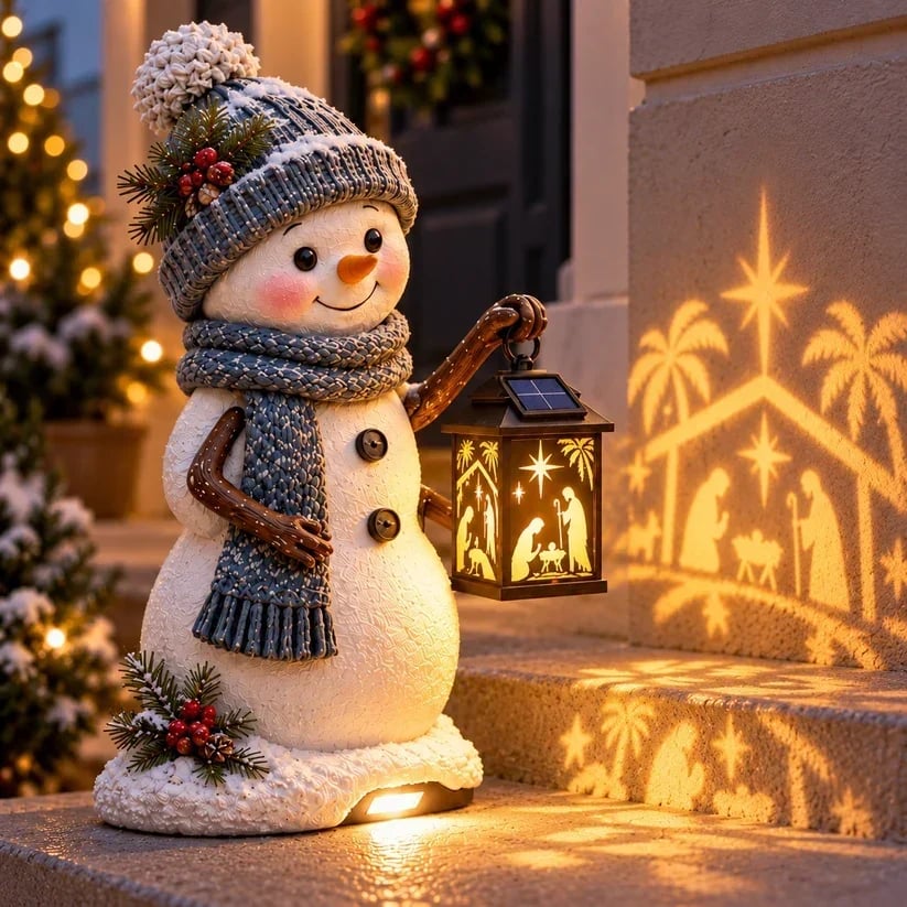 ⛄✨ Solar-Schneemann mit leuchtender Krippenlaterne – Weihnachtliche Deko für Haustür & Eingangsbereich