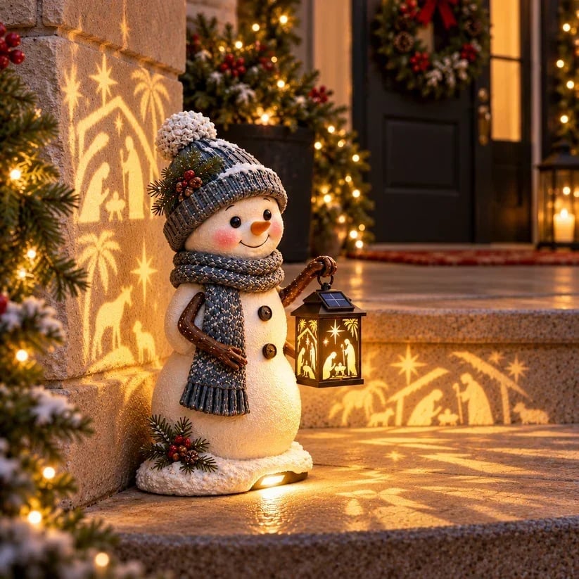 ⛄✨ Solar-Schneemann mit leuchtender Krippenlaterne – Weihnachtliche Deko für Haustür & Eingangsbereich